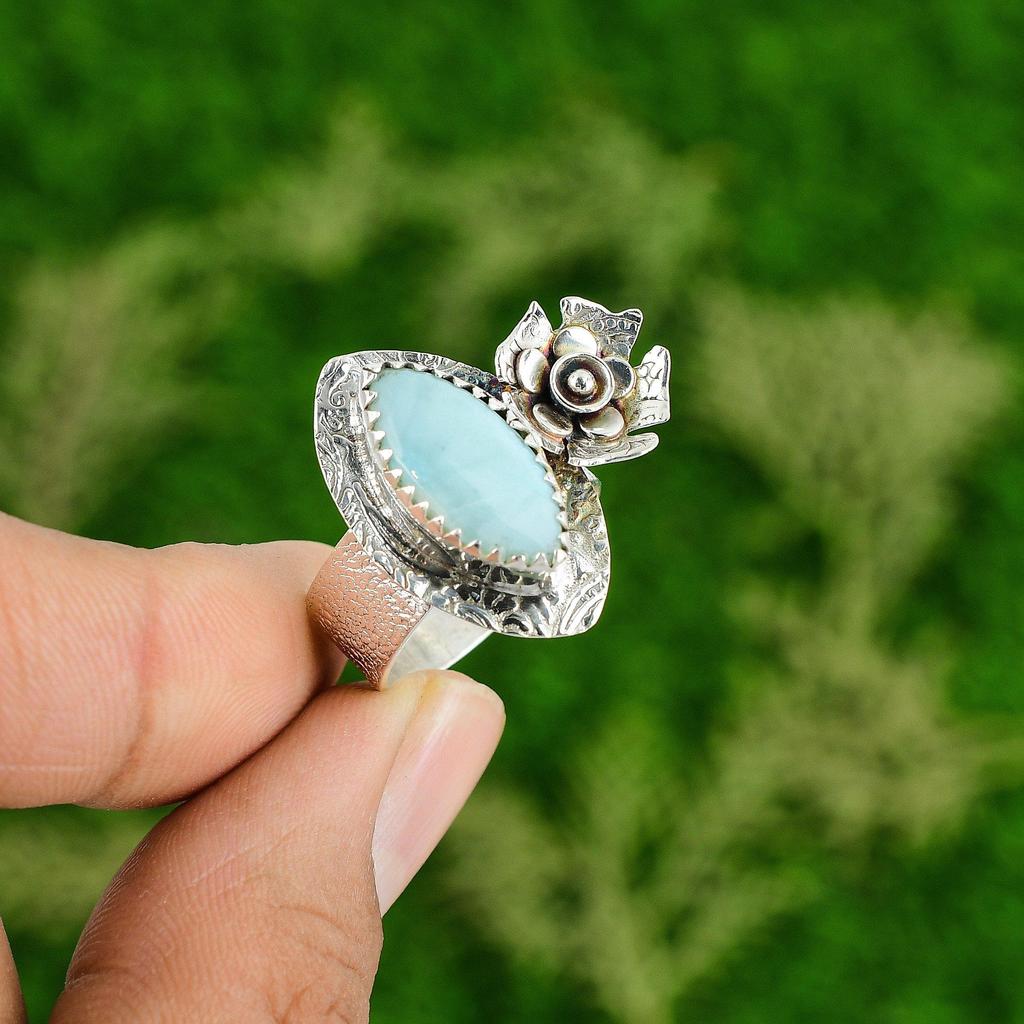 Natural Larimar Gemstone Multi Stone Flower Blue Ring Size 9 925 Sterling Silver