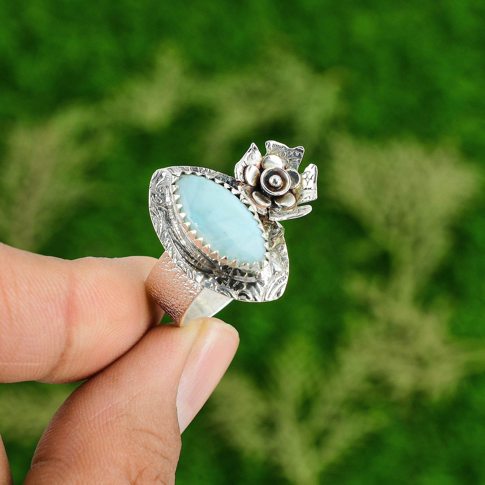 

Natural Larimar Gemstone Multi Stone Flower Blue Ring Size 9 925 Sterling Silver 9