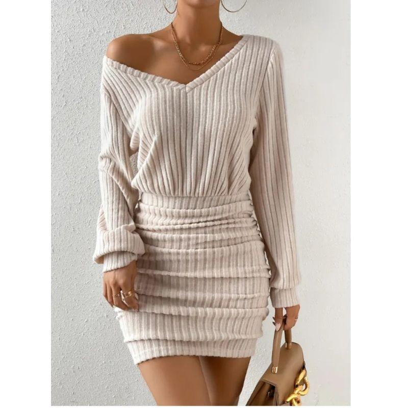 Small Autumn and Winter New V-neck Fashion Solid Sanding Sunken Stripe Double Purpose Method Slim Fit Sheath Long Sleeve Dress Women
