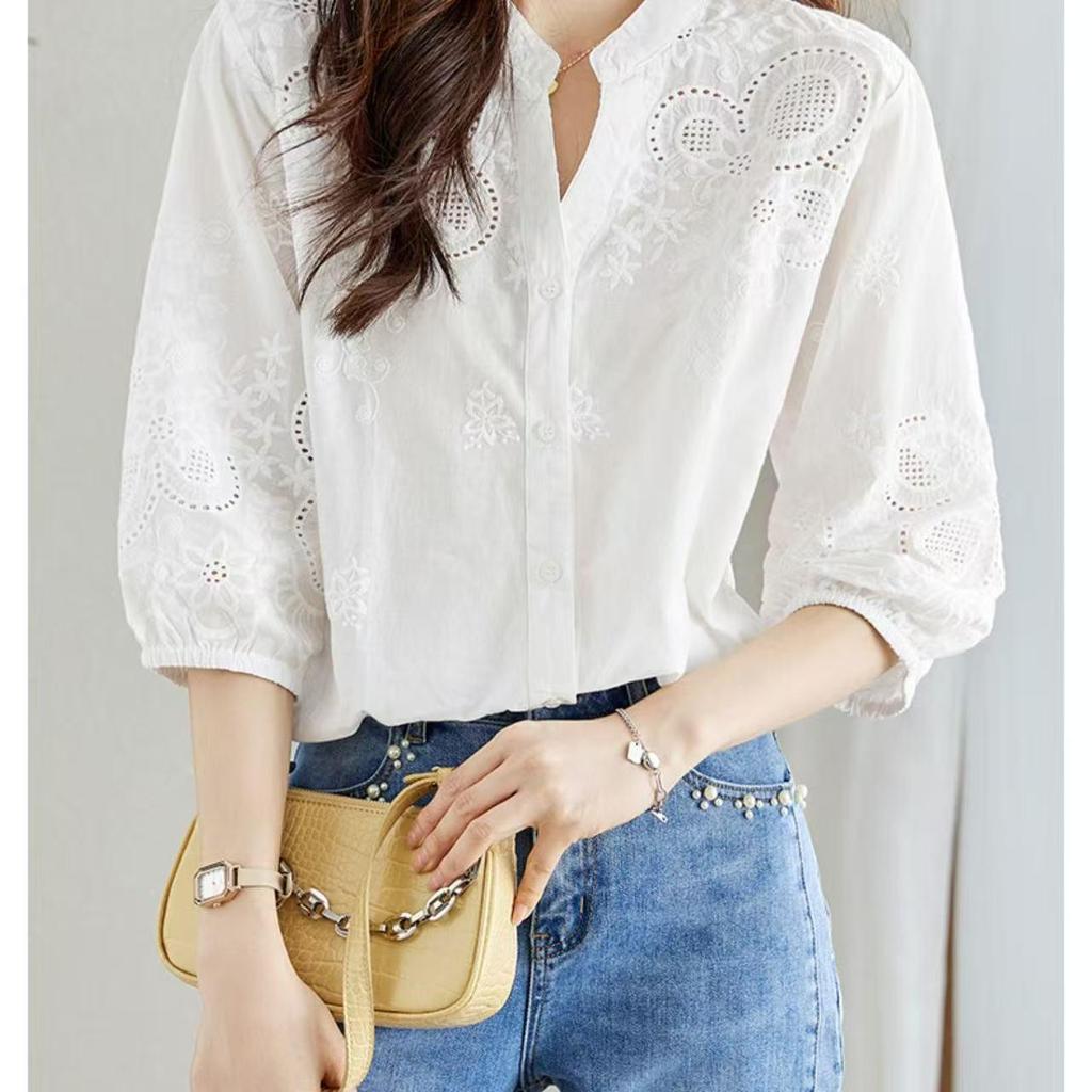 Embroidered White 3/4 Sleeve Hollow Summer Top - Slim Fashion Design, Loose Fit