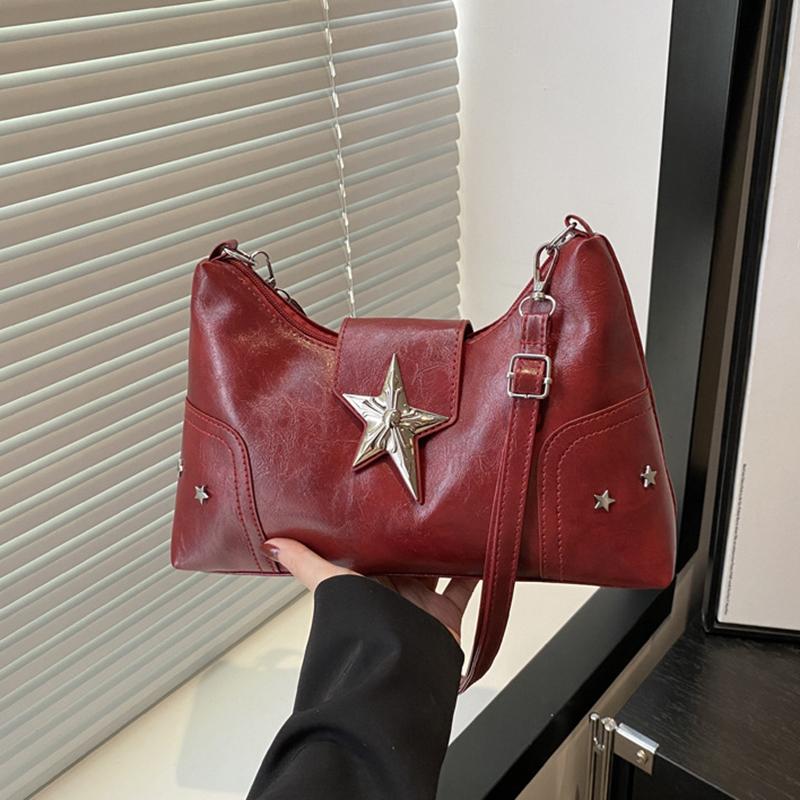 Women PU Star Decor Shoulder Bag Chic Hobo Bag Large Capacity Fashion Crossbody Bag Solid Color Sweet Underarm Bag AVE