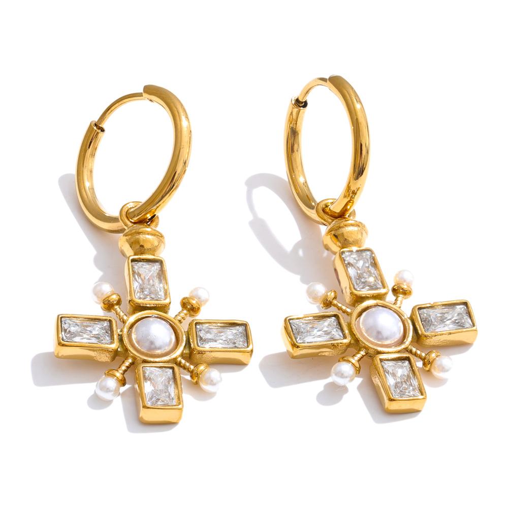 

Yhpup High Quality Zirconia Pearls Cross Drop Hoop Earrings Golden Stainless Steel Temperament Arrivals Daily Jewelry Gift