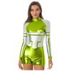 S-3XL Ladies Space Party Jumpsuit Alien Robot Design Metallic Shiny Contrast Color Long Sleeve Back Zipper Bodysuit for Halloween Cosplay