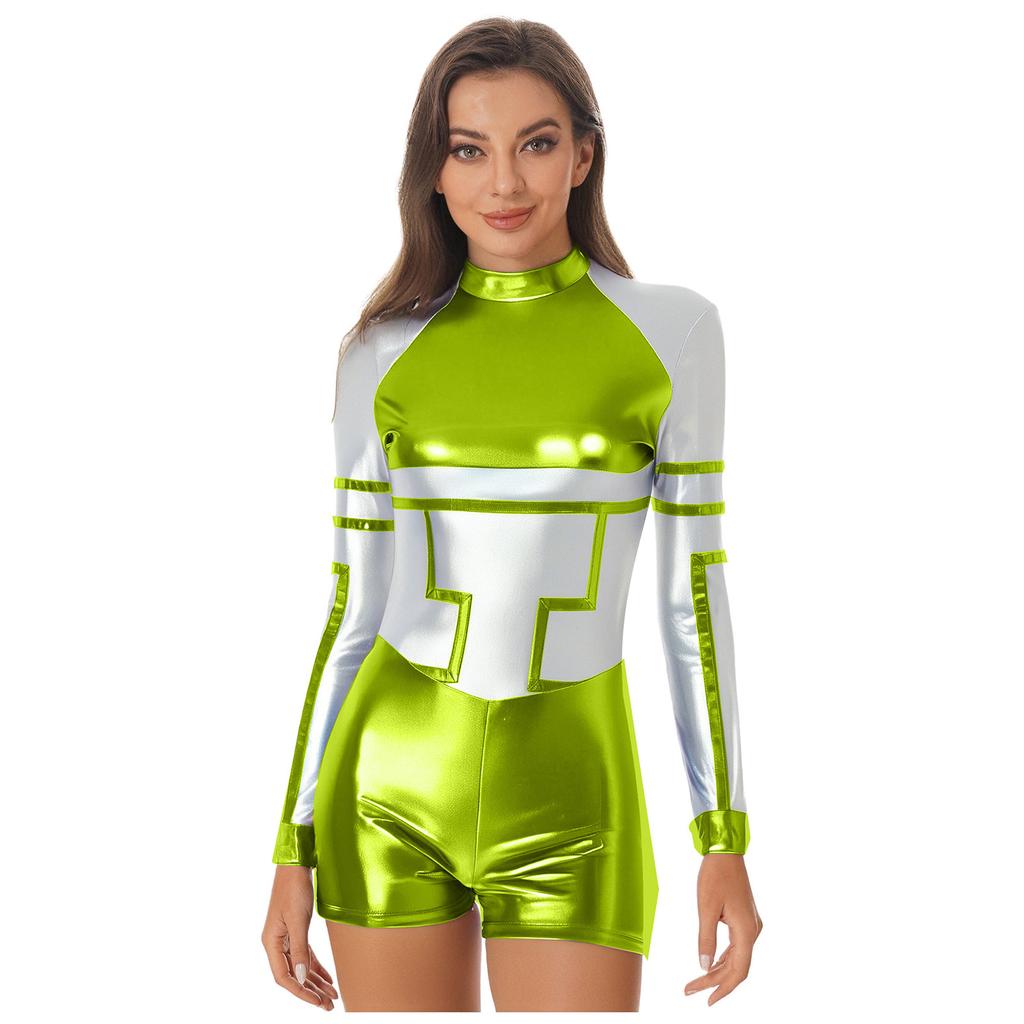 S-3XL Ladies Space Party Jumpsuit Alien Robot Design Metallic Shiny Contrast Color Long Sleeve Back Zipper Bodysuit for Halloween Cosplay