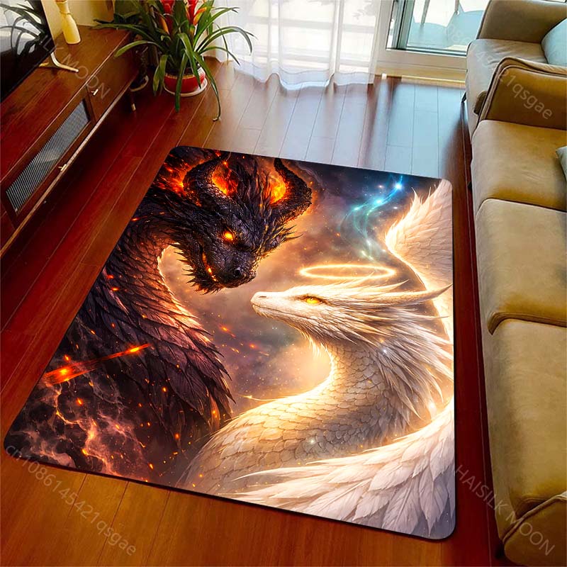Fiery Black Dragon Versus Angelic White Dragon Print Carpet for Living Room Bedroom Sofa Home Decor Non-slip Mat Luxury Gift