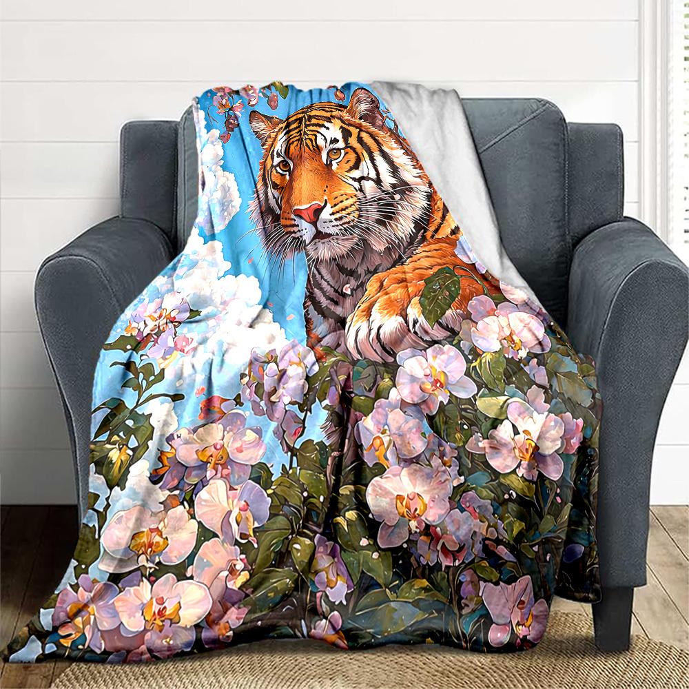 1PC Tiger Floral Print Print Blanket, Soft Throw Blanket - Warm & Cozy for Couch, Bed, Office, and Travel , Christmas present yy250912232
