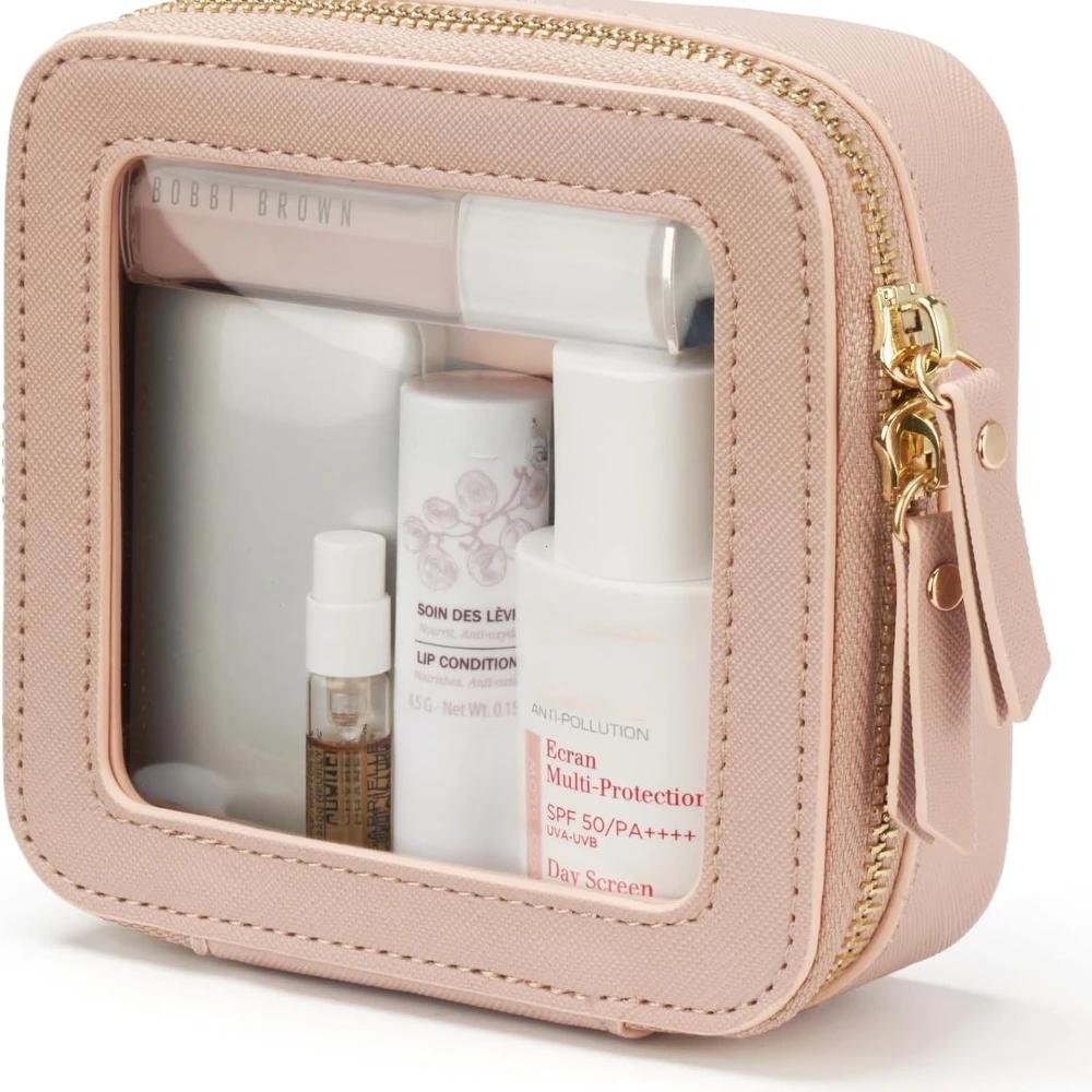 

Mini Clear Makeup Bag Pu Saffiano Vegan Faux Leather Cute Small Visible Window Storage Lipsticks Cosmetics Case for Purse Pouch