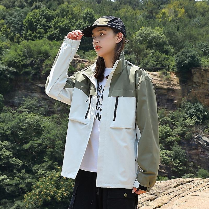 Autumn Couple Color Matching Jacket Thin Single Punch Splicing Trench Coat Loose Outdoor Windproof and Waterproof