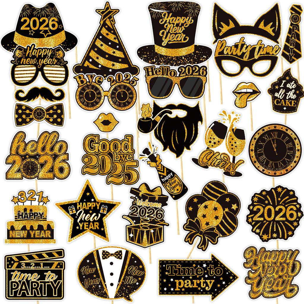 Photo Booth Props Black Gold Selfie Frame 2026 New Year Decorations Fun Party Photo Props Set For New Year Parties Family Photos