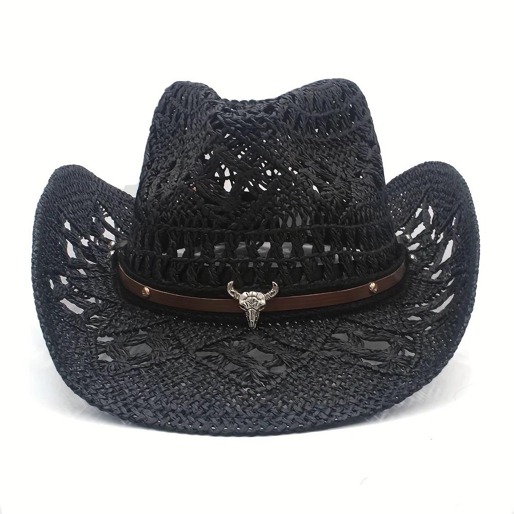 

JYL TS DIY Cow Print Straw Hat Unisex Beach Holiday Sun Protection Hat Straw black_M(56-58cm） томатний