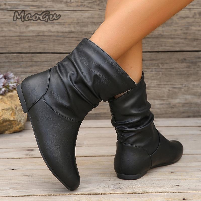 Size 36-42 Autumn Women Leather Short Boots Slip on Pleated Round Toe Low Heel Women's Boots Botines Para Mujeres Botas