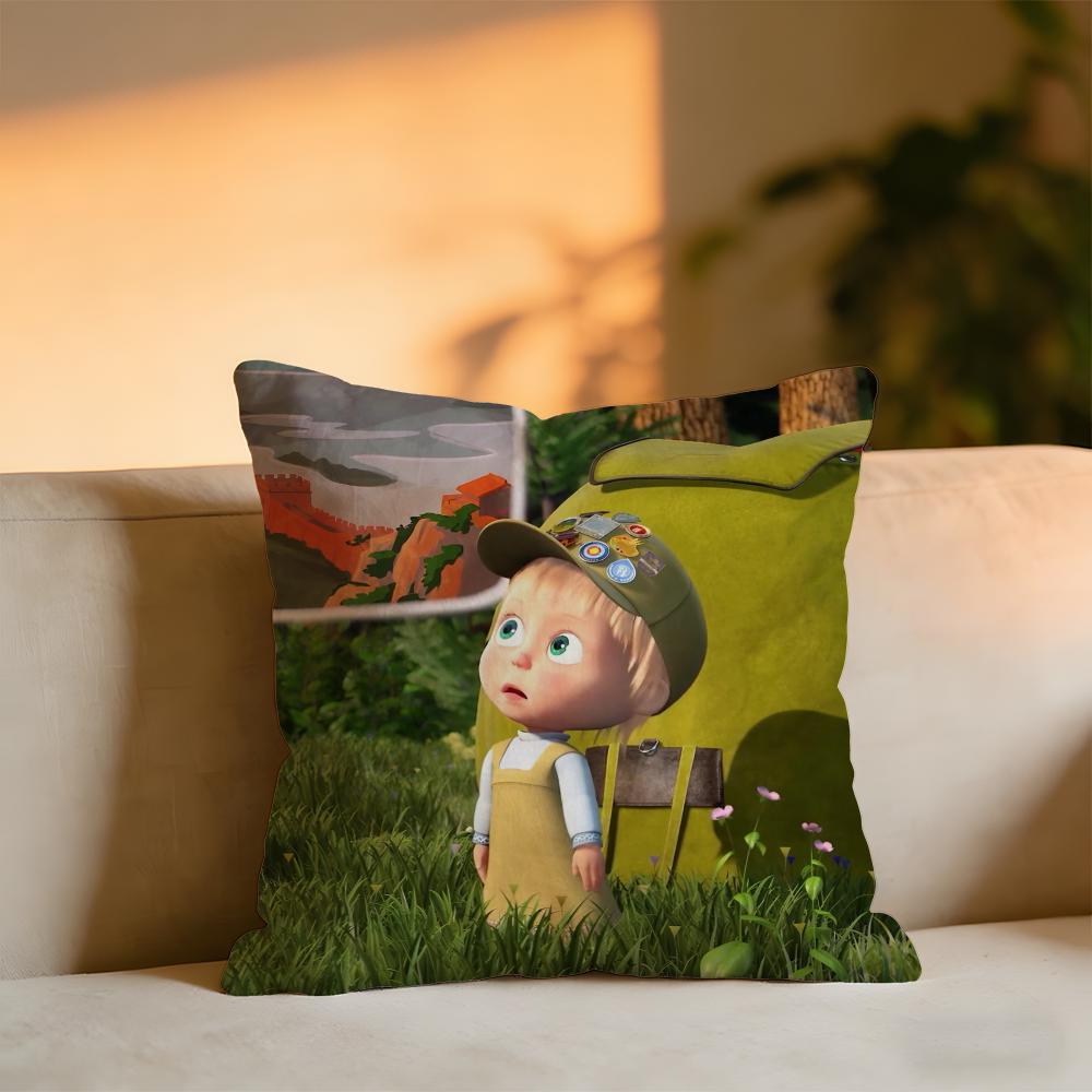 Masha And The Bear Cushion Cover Cozy Velvet Throw PillowSoft Warm Cushion For Sofa Bed