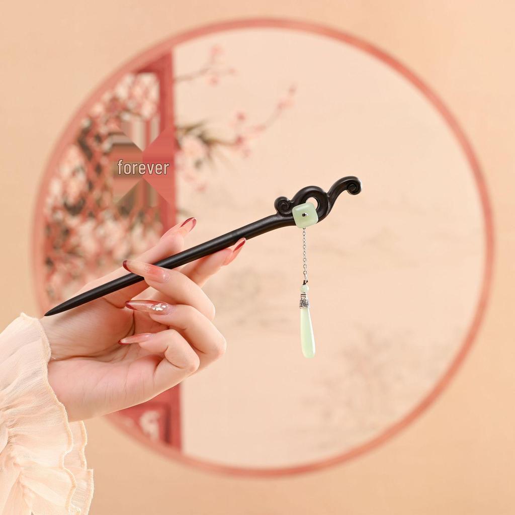 Ancient Style Black Sandalwood Tassel Hairpin for Qipao & Hanfu