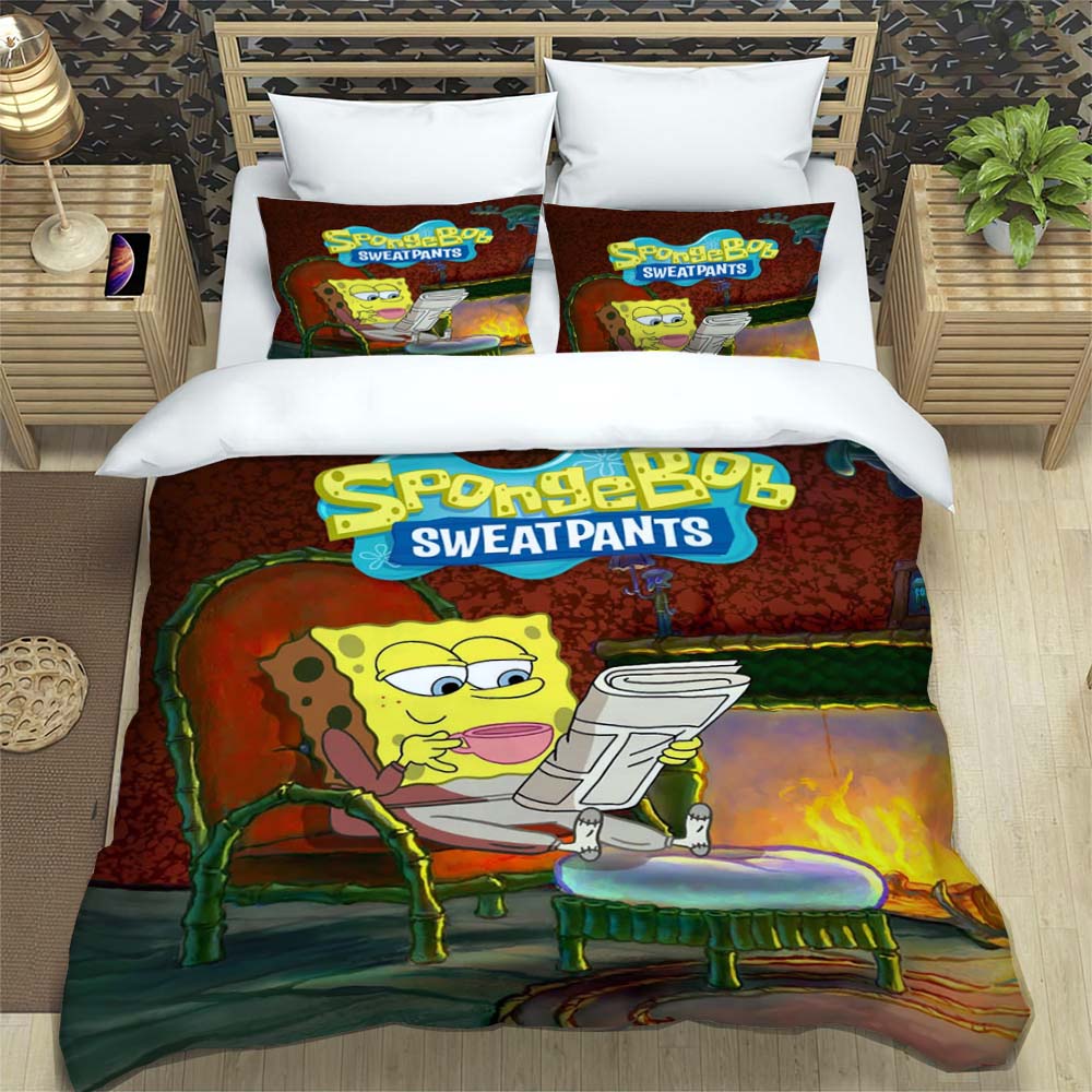 3D Sponge Bob Square Pants Printed Bedding Set, Cartoon Pattern Duvet Cover and Pillowcases, Single/Double Bed Sheet Sets,