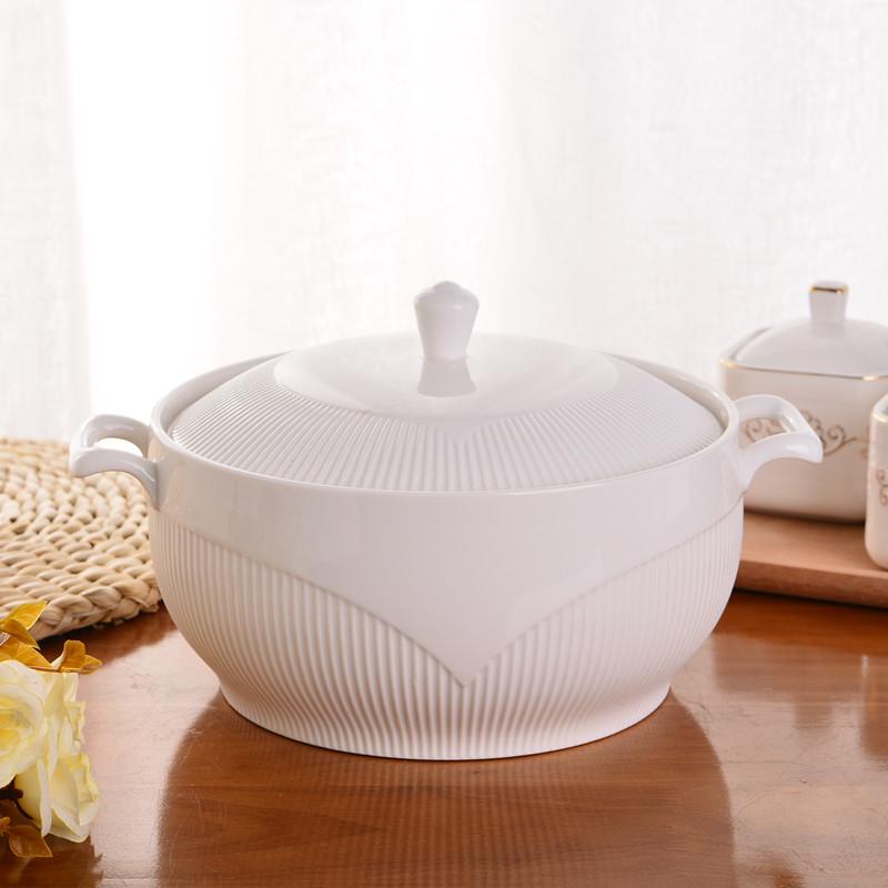 White Embossed Ceramic Soup Pot with Lid, Bone China Large Soup Bowl Gift Set белый
