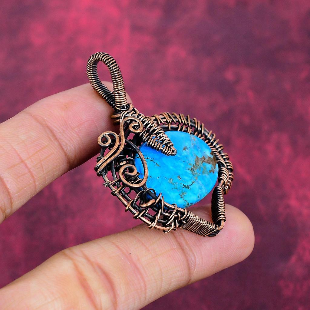 Tibetan Turquoise Pendant Handmade Pendant Copper Wire Wrapped Gemstone Jewelry