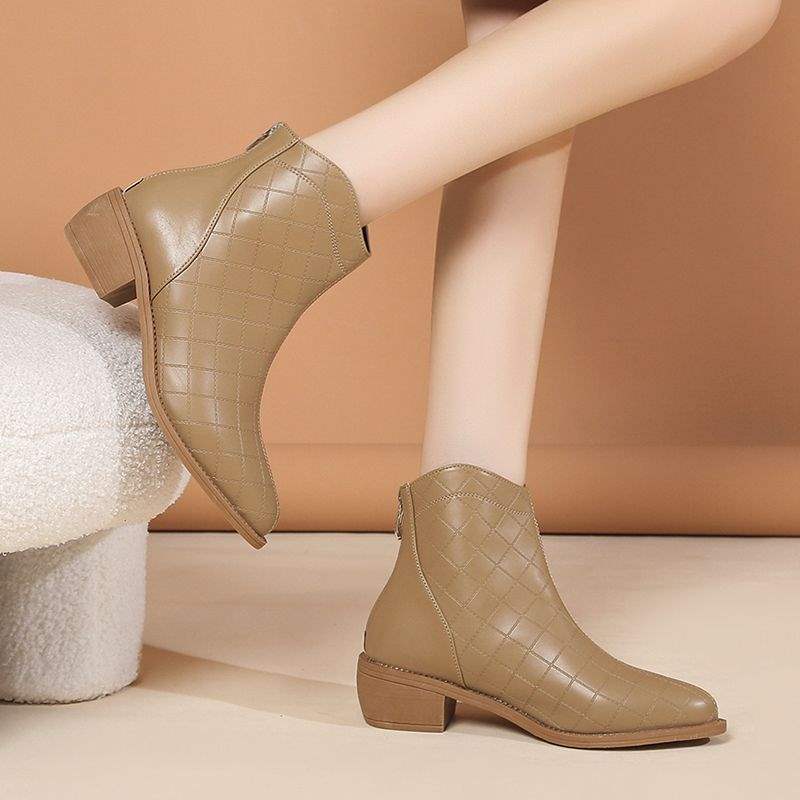 

Женские короткие ботильоны с острым носком и ботильоны челси на среднем толстом каблуке с мягкой подошвой и мягкой поверхностью, осенне-зимние, средней высоты голенища, нишевые, в зарубежном стиле 42 хаки