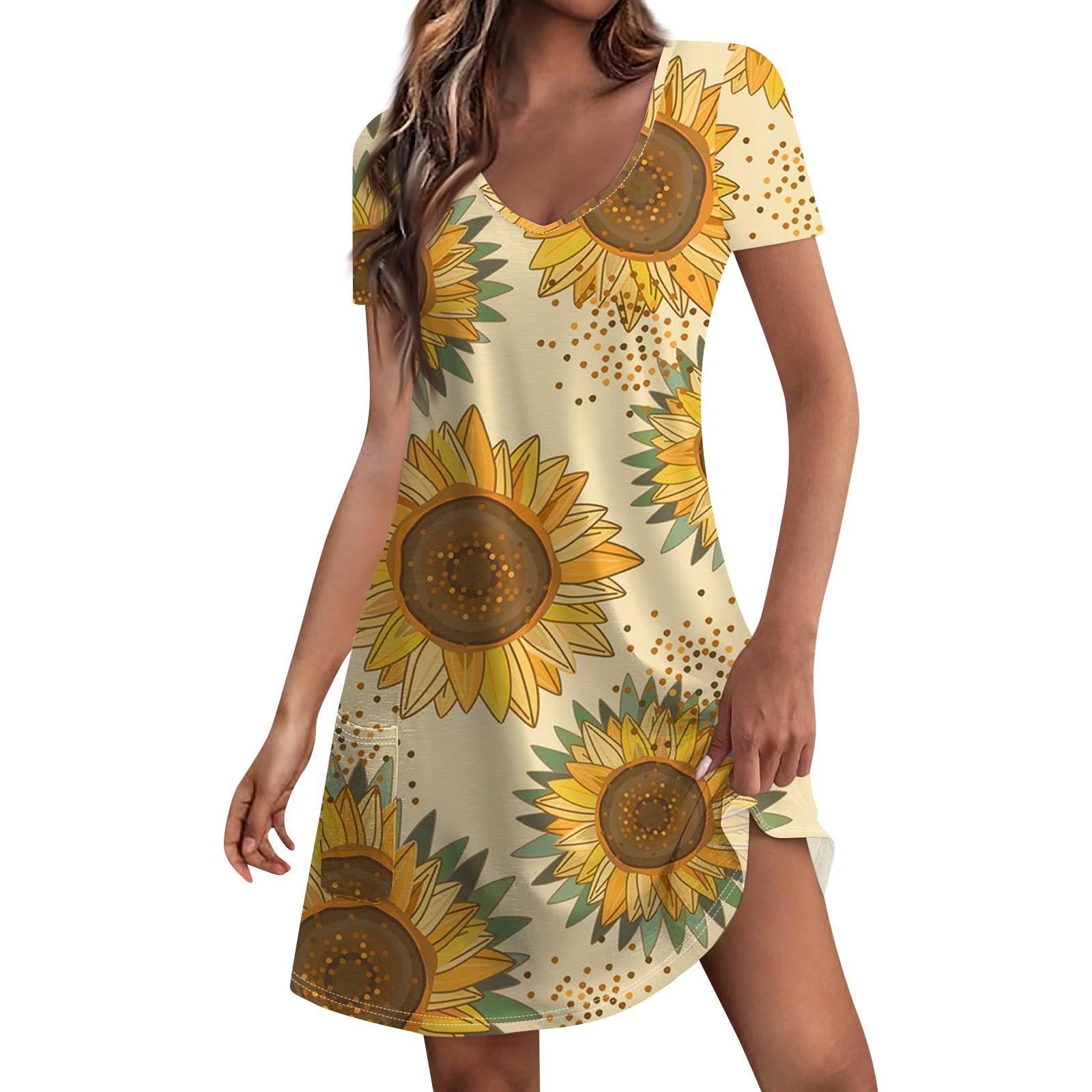 

Жіноча літня повсякденна сукня з квітковим принтом із соняшником і короткими рукавами з кишенями XL жовтий