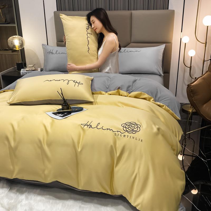 Nordic Style Pure Cotton Washed Cotton Washed Silk Four-piece Set Solid Color Embroidered Bed Sheet Quilt Cover Three-piece Set Dormitory Bed Sheet