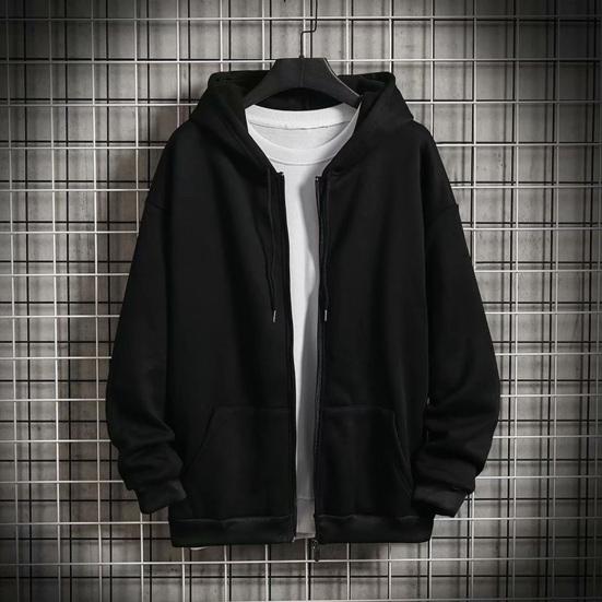 Men Hooded Jacket Zip-up Loose Sweatshirt Jacket Solid Color Casual