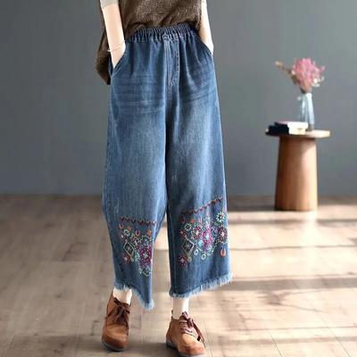 Retro Nationalen Stil Hohe Taille Bestickte Jeans Weiblichen Frühling Herbst Neue Lose Breite Bein Denim Hosen frauen kleidung