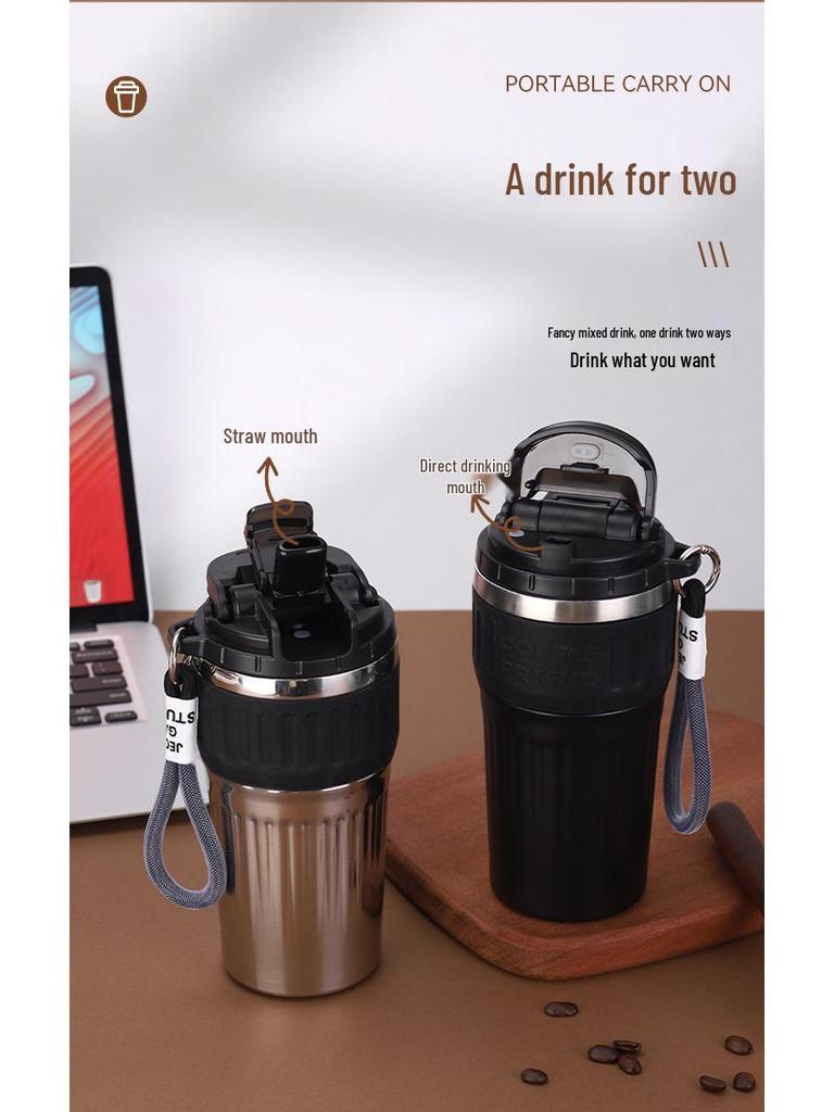 Portable Insulated Ceramic Liner Coffee Cup with Straw - Unisex Light Luxury Style for Office and Car