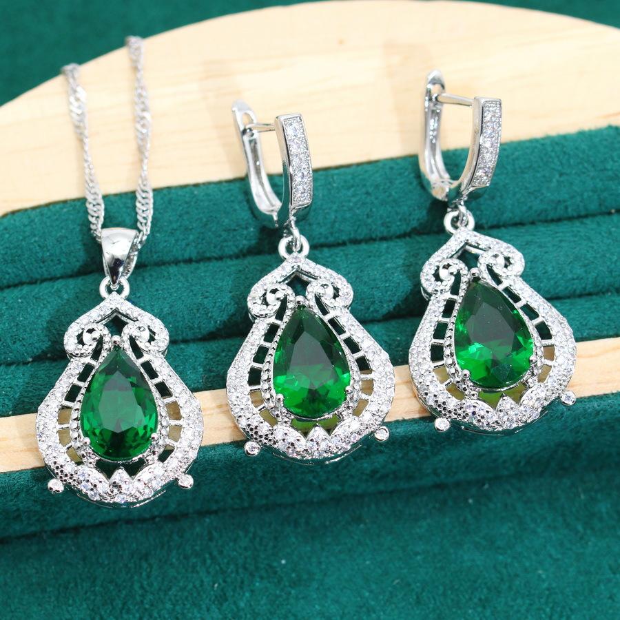 Hot Selling Green Zircon Necklace Earrings Ring Set for Ladies