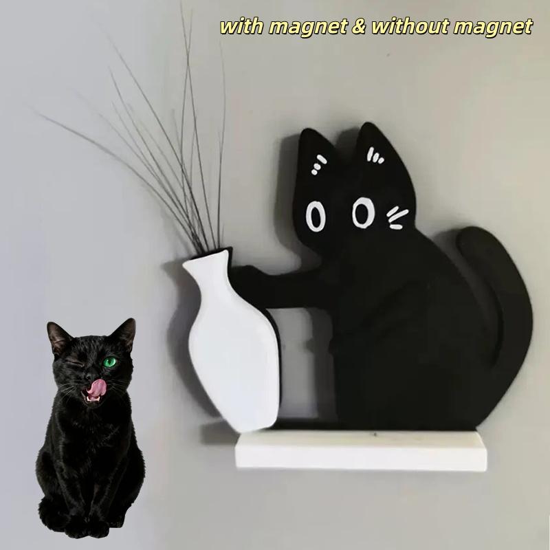 Black Cat Pushing Vase Decor Cat Whisker Collection & Memorial Box Fridge Magnet Home Office Decor Perfect Gift For Cat Lovers