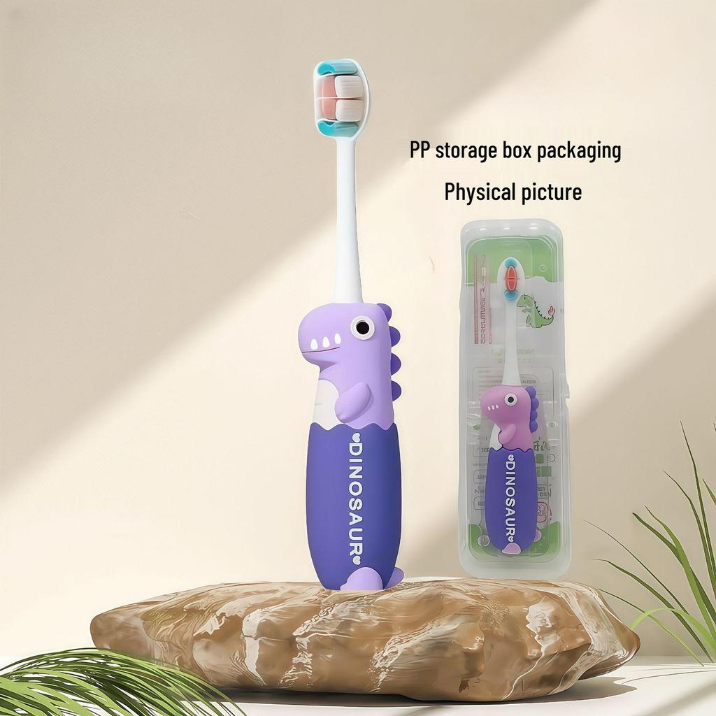 Children's Cartoon Dinosaur Toothbrush, Ages 3-12, with Cute Non-slip Handle & Soft Bristles for Gentle Oral Care