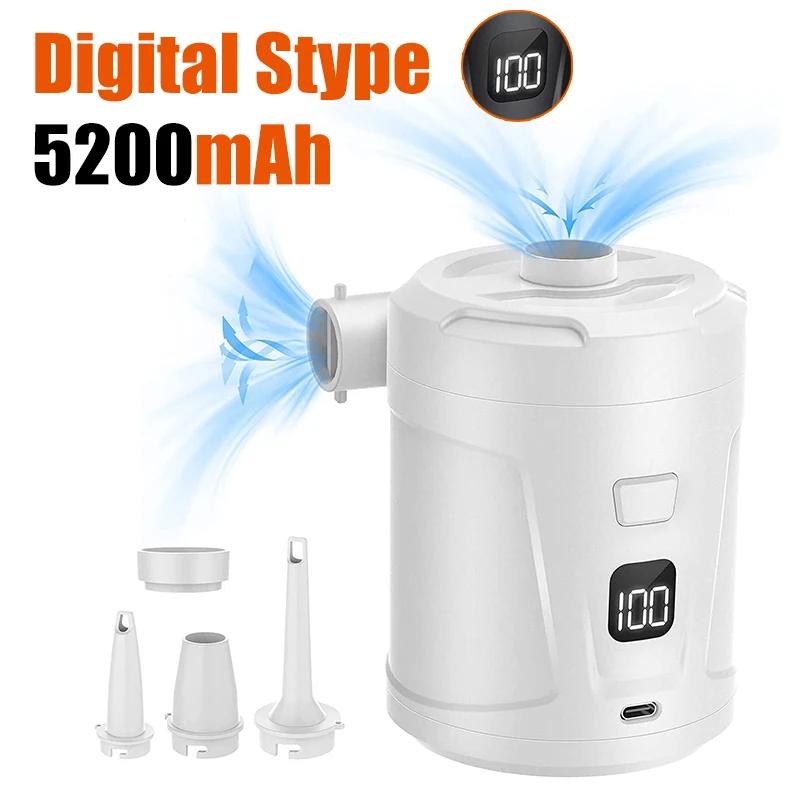 Portable Mini Electric Air Pump Inflator with 3 Nozzles 5200mAh Battery for Air Mattresses Pool Floats PVC Boat Swimming Ring