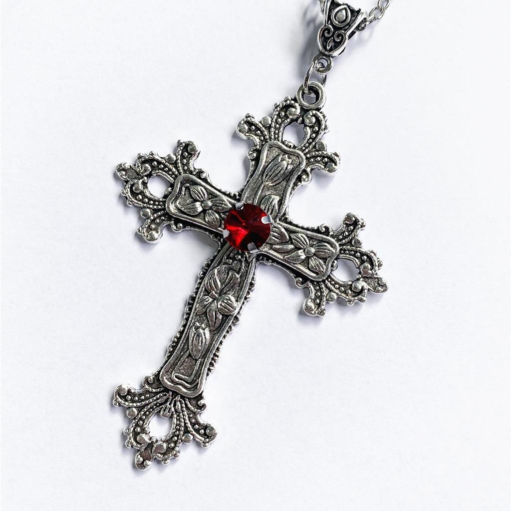 Gothic European Diamond Cross Necklace with Creative Floral Pattern