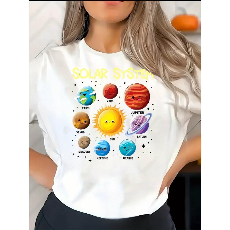 

Женская яркая футболка с принтом Солнечной системы, повседневная, с круглым вырезом, короткий рукав, для любого сезона, тематика космоса S белый