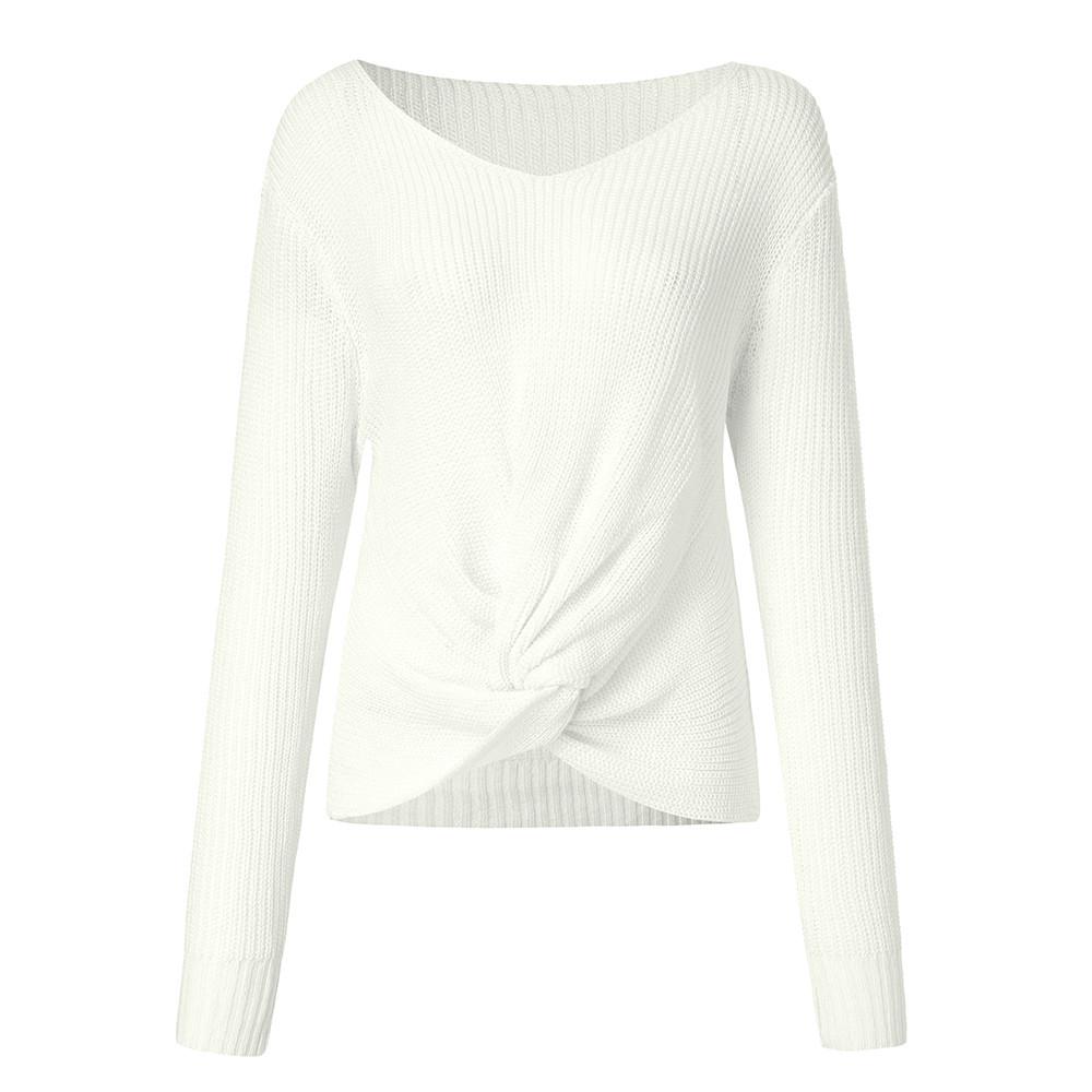 Women Long Sleeve Solid Color V-neck Sexy Cross Knotted Panel Sweater 