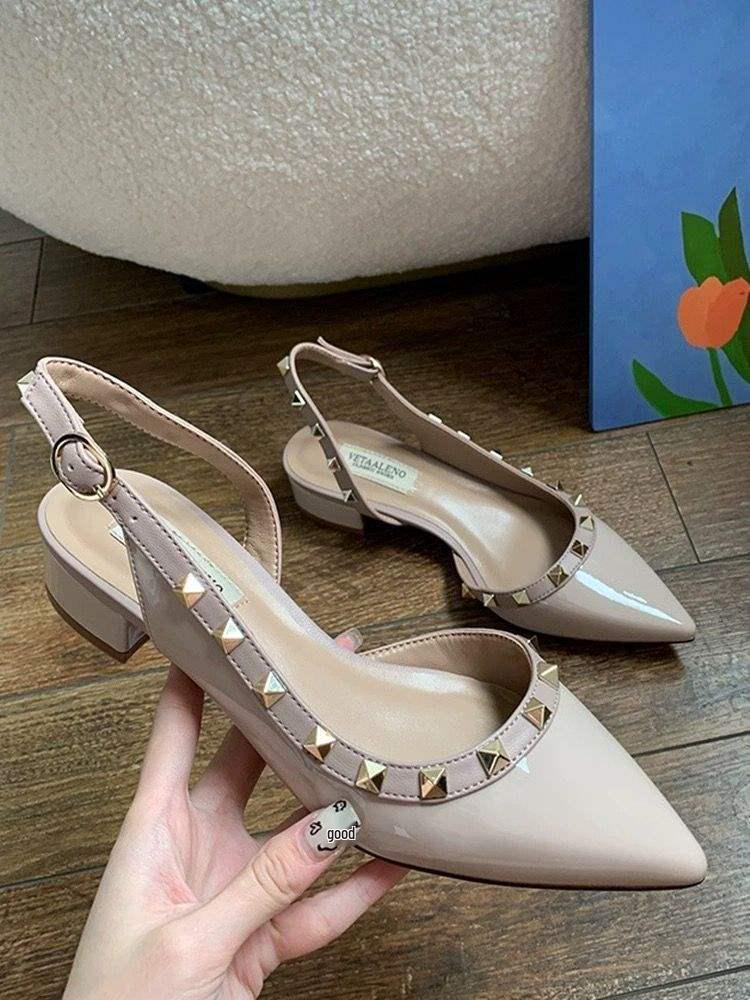 2025 Summer Nude Patent Leather Pointed Toe Chunky Heel Flats for Women
