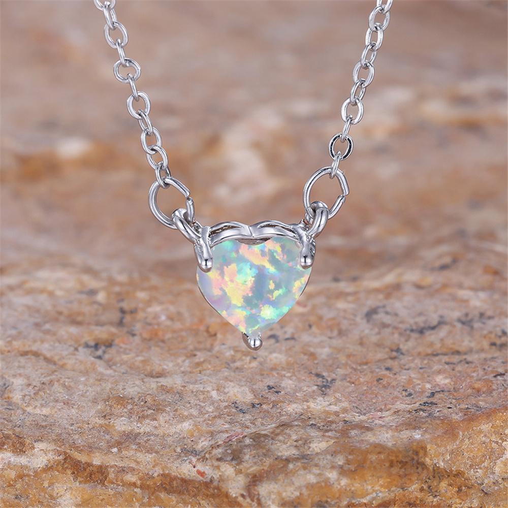 Female Crystal White Opal Stone Love Heart Pendant Necklace Vintage Silver Color Wedding For Women