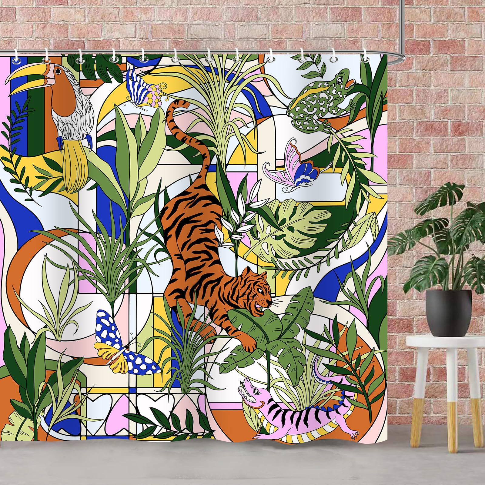 

Tropical Jungle Tiger Shower Curtain, Wildlife Palm Trees Toucan Alligator Frog Safari Forest Abstract Geometric Fabric W60H190(CM)-1 Pcs