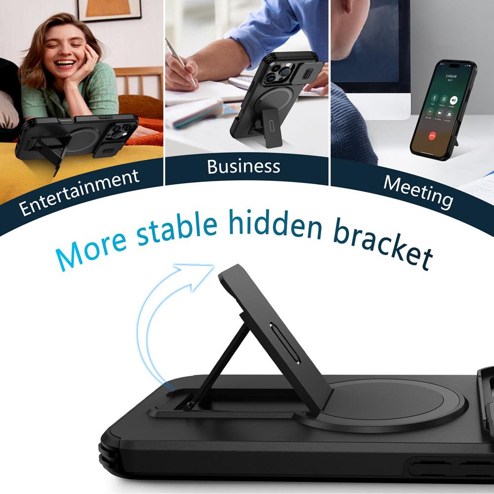 KEYSION Shockproof Magnetic Case for iPhone 16 Pro 16 Pro Max Slide Camera Protect Kickstand Wireless Charging Phone Back Cover