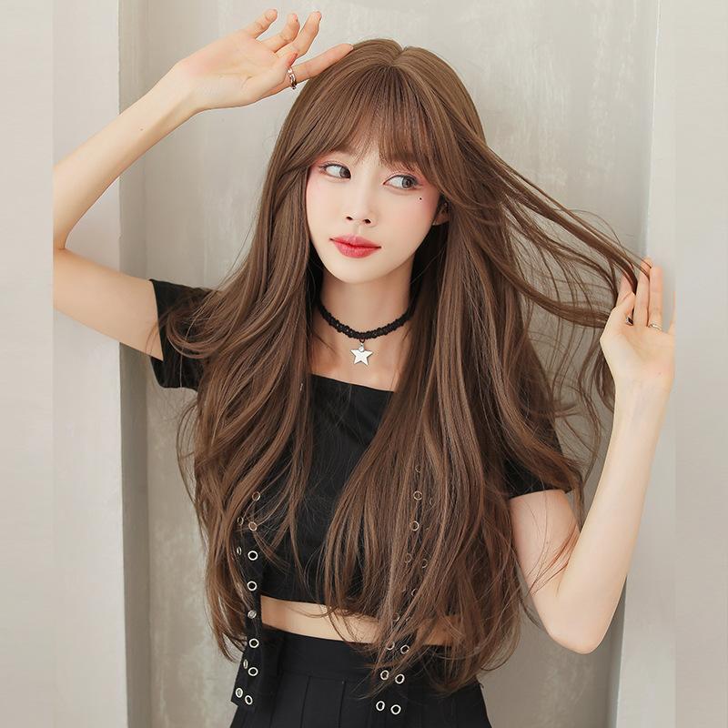 Korean Style Women’s Long Wavy Curly Wig with Air Bangs Natural Looking Big Waves Voluminous Full Wig