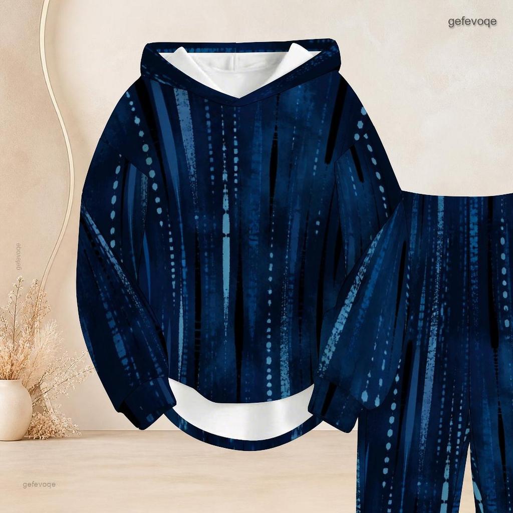 Women Plus Size Two Piece Set Hooded Long Sleeve Printed Top Cuffed Dark Blue Pants