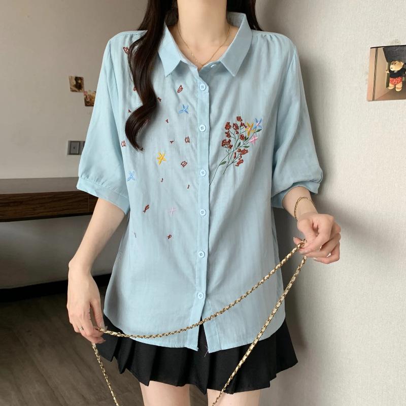 

2026 Plus Size Women’s Summer Slimming Lapel Embroidered Short Sleeve Shirt - Loose, Flaw-Hiding, Versatile Top 2XL синий