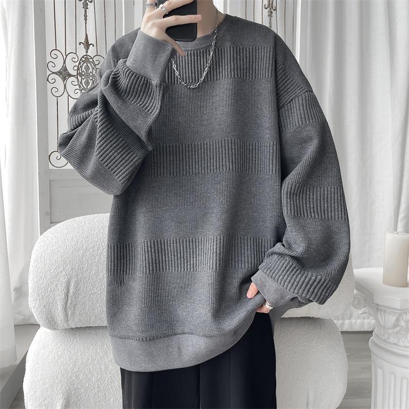 Men S Gray Jacquard Long Sleeve Loose Fit T Shirt For Spring Autumn