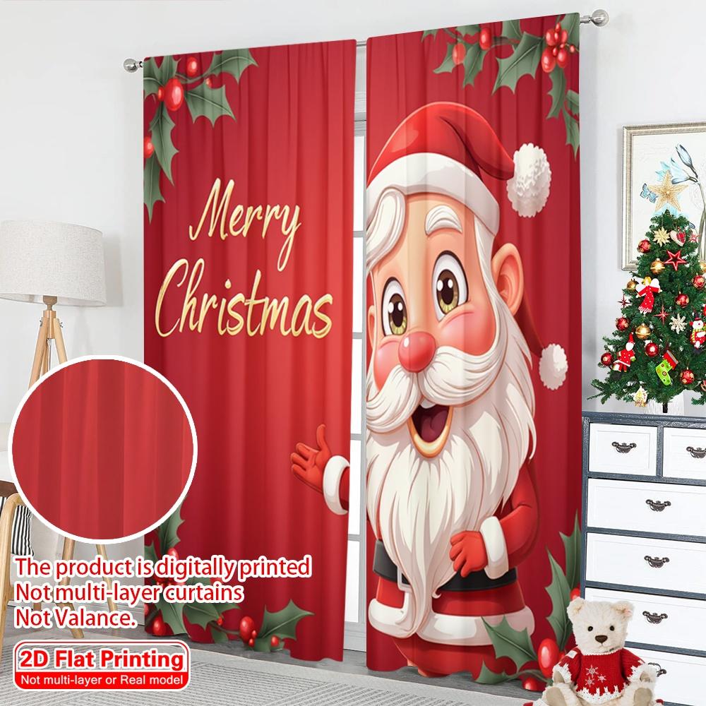 2pcs 2D Flat Printing Christmas Party Curtain Vintage Santa Merry Christmas 100% Polyester Fabric Without Electricity 0 Perfect