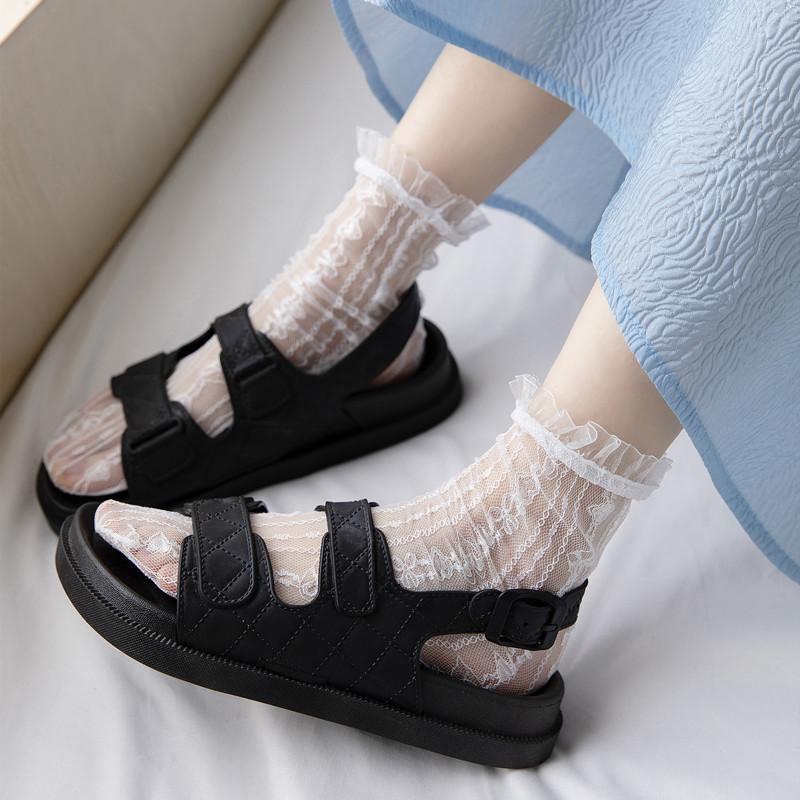 Lolita Women'S Socks Spring And Summer Thin Mesh Socks Japanese Jk Black And White Medium Tube Lace Stockings Sweet Love Lace Socks