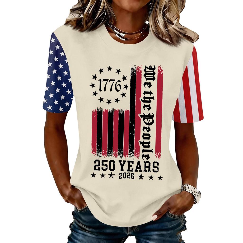 Blusa Feminina da Moda Casual de Manga Curta com Estampa e Gola Redonda