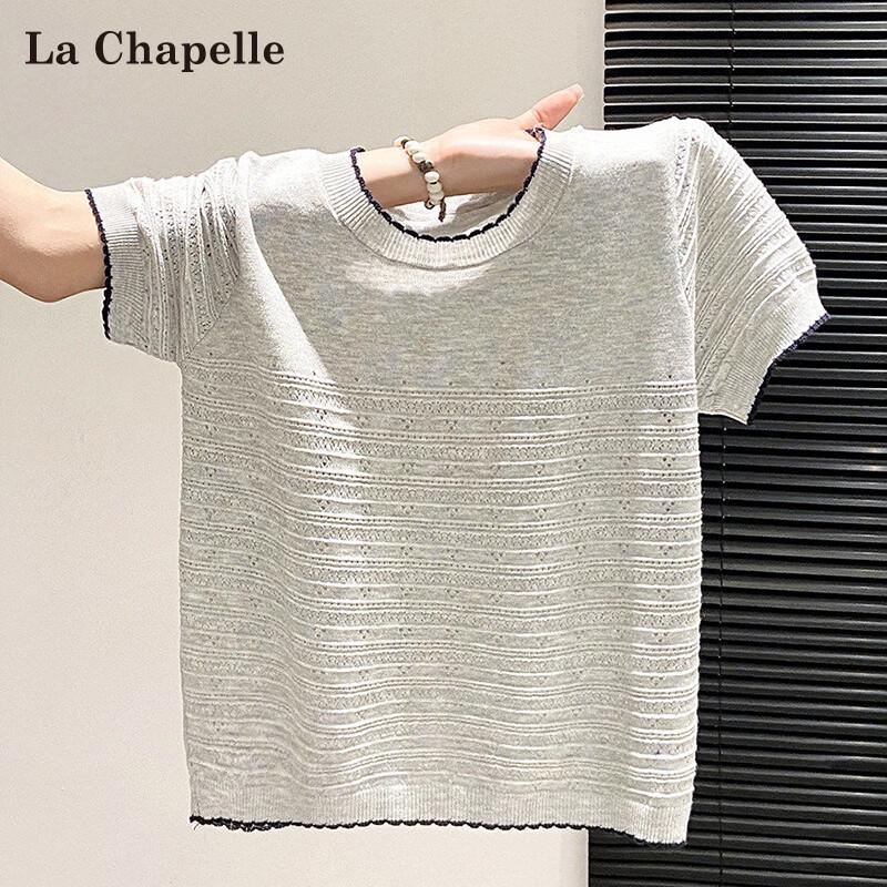 La Chapelle Gentle Style Hollow Knit Short Sleeve T-shirt L серый