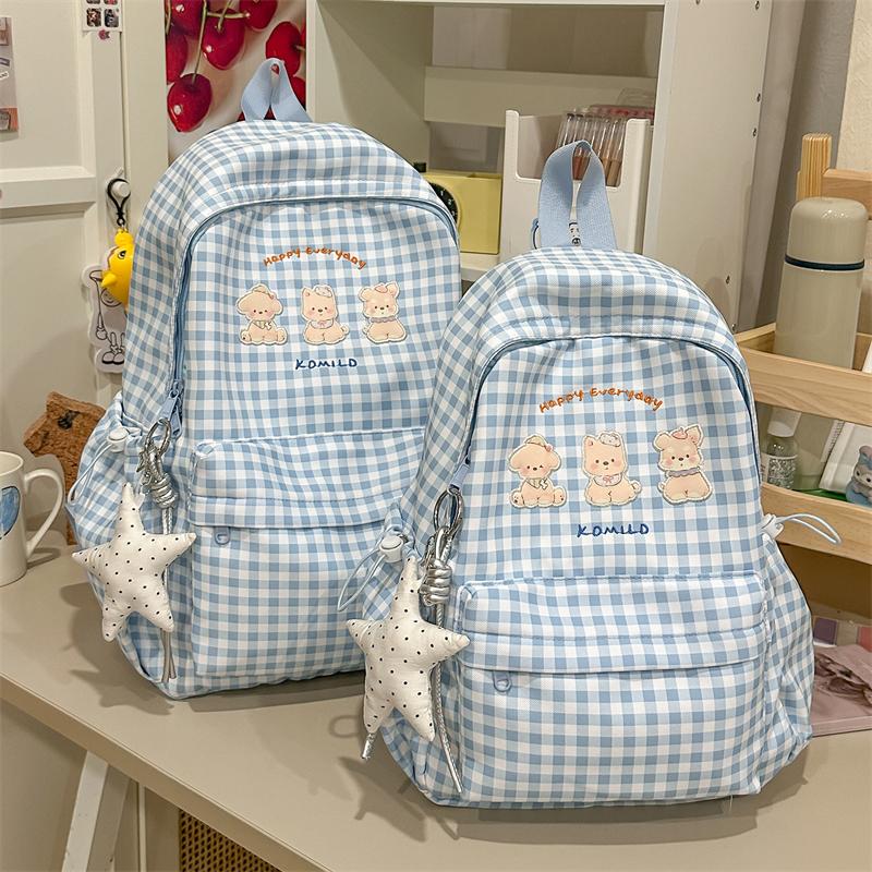 Plaid Student Schoolbag Cartoon Puppy Backpack