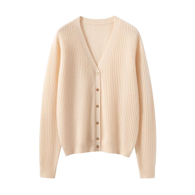 Women's 100% Pure Cashmere V-Neck Cardigan: Ribbed, Loose Knit Sweater Jacket, Slimming Base Layer Outerwear