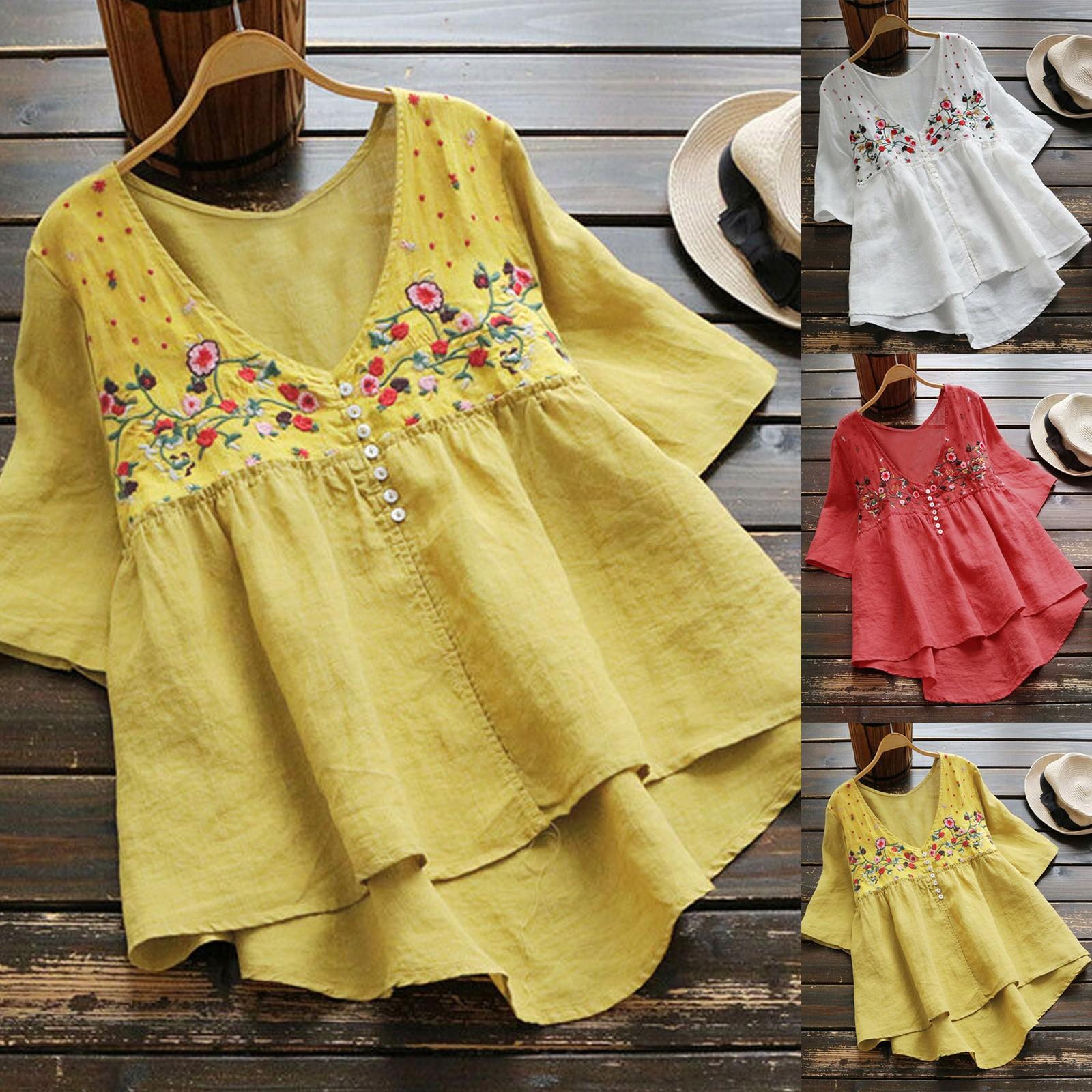 

Женщины V Шея Цветочный принт Блузка Повседневная Свободная Нерегулярный подол Пуговица Рубашка Топы