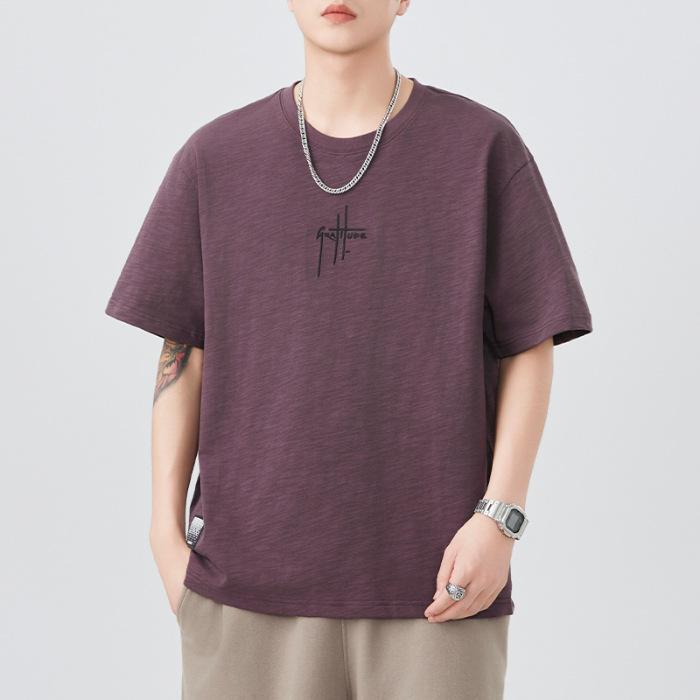 Short-sleeved T-shirt for Men's Summer New Embroidered Versatile Five-point Sleeve T-shirt Round Neck Casual
