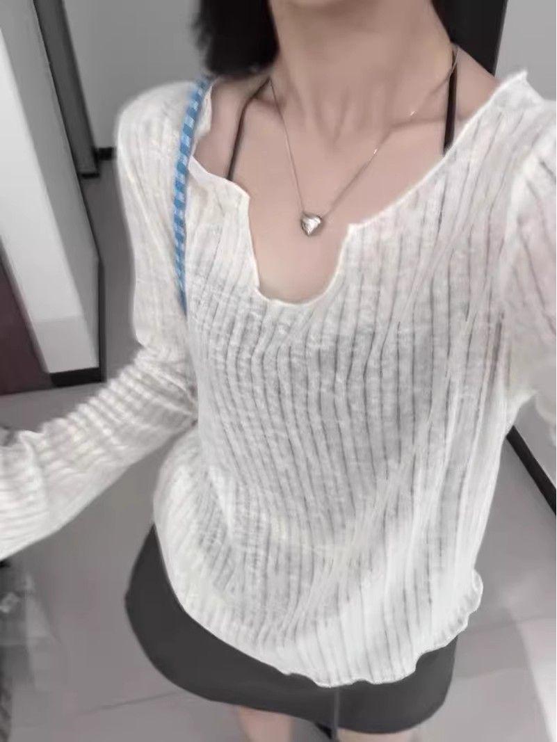 

Французский топ с V-образным вырезом, оборками по краю и длинными рукавами, женский летний свободный солнцезащитный топ, открывающий ключицы S абрикосовый